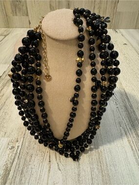 Talbots 5 Strand Black Gold Beads Flower Teardrop Charms Statement Necklace